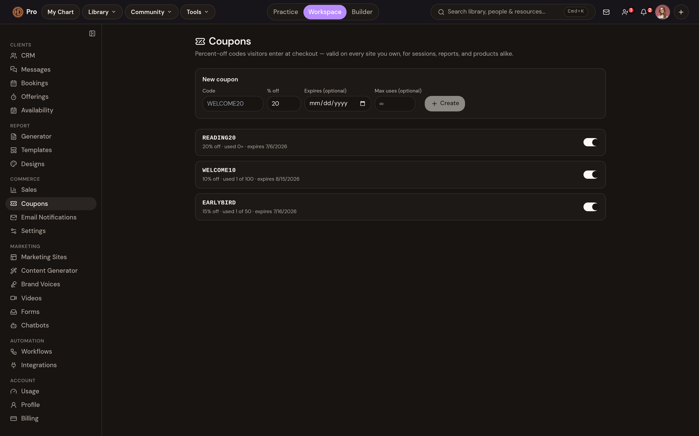 Coupons: create and track discount codes