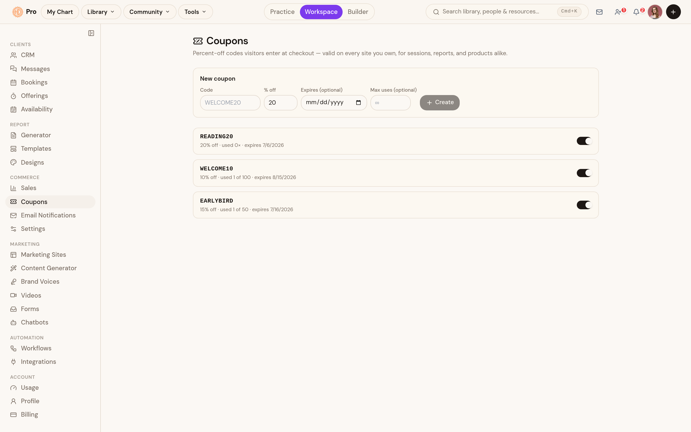 Coupons: create and track discount codes