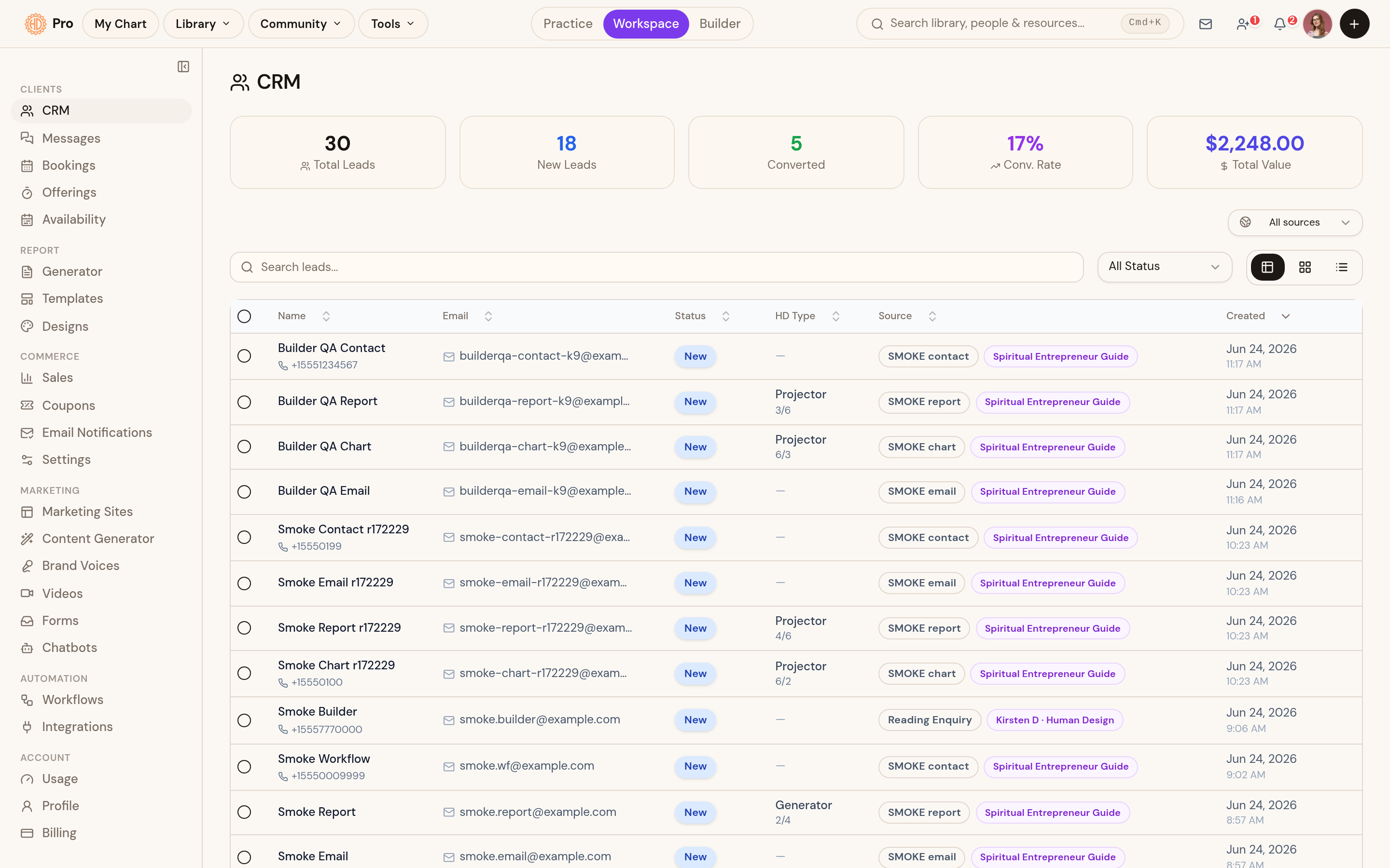 The CRM: every lead with status, source and Human Design type