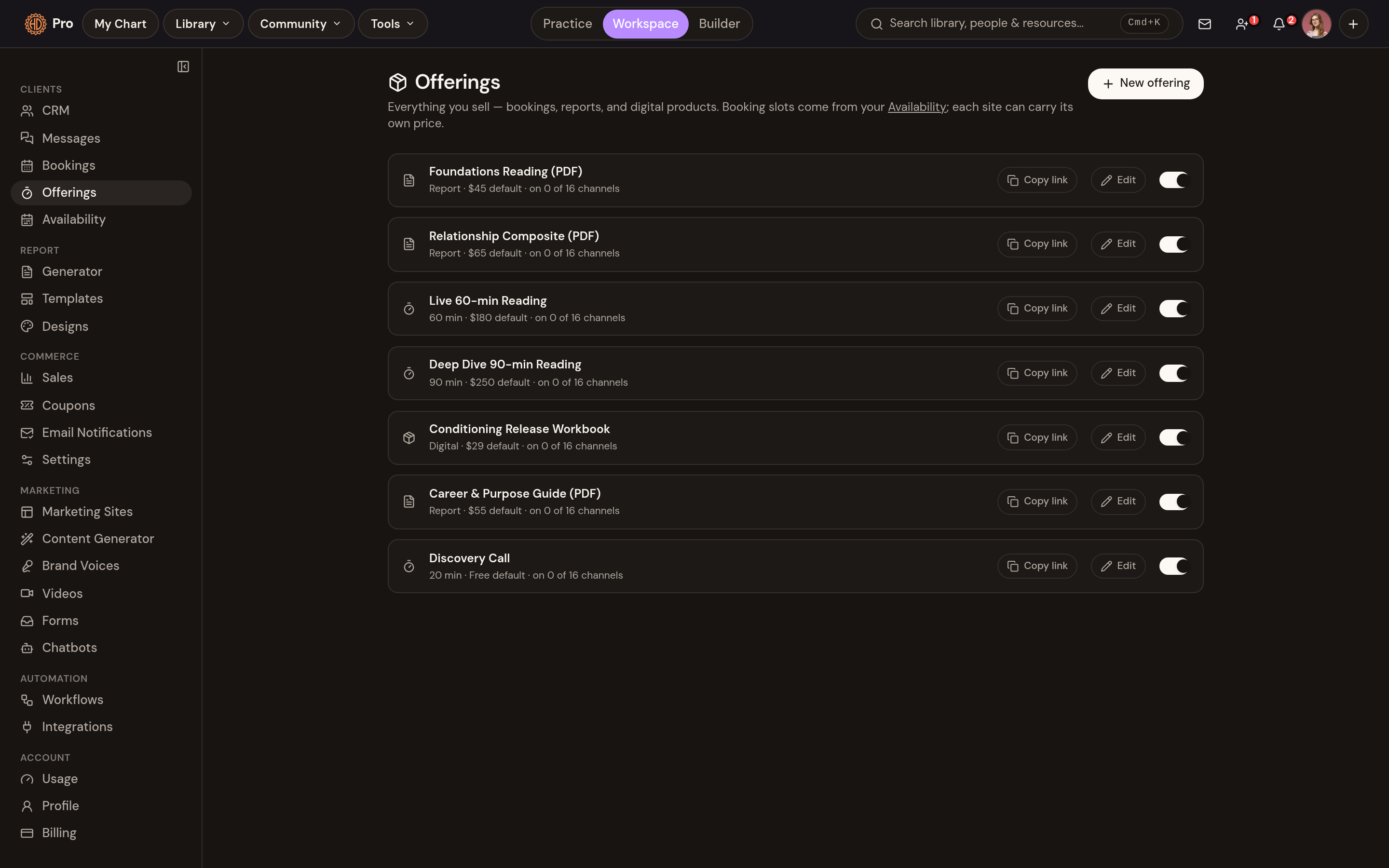 Offerings: everything you sell — reports, sessions and products