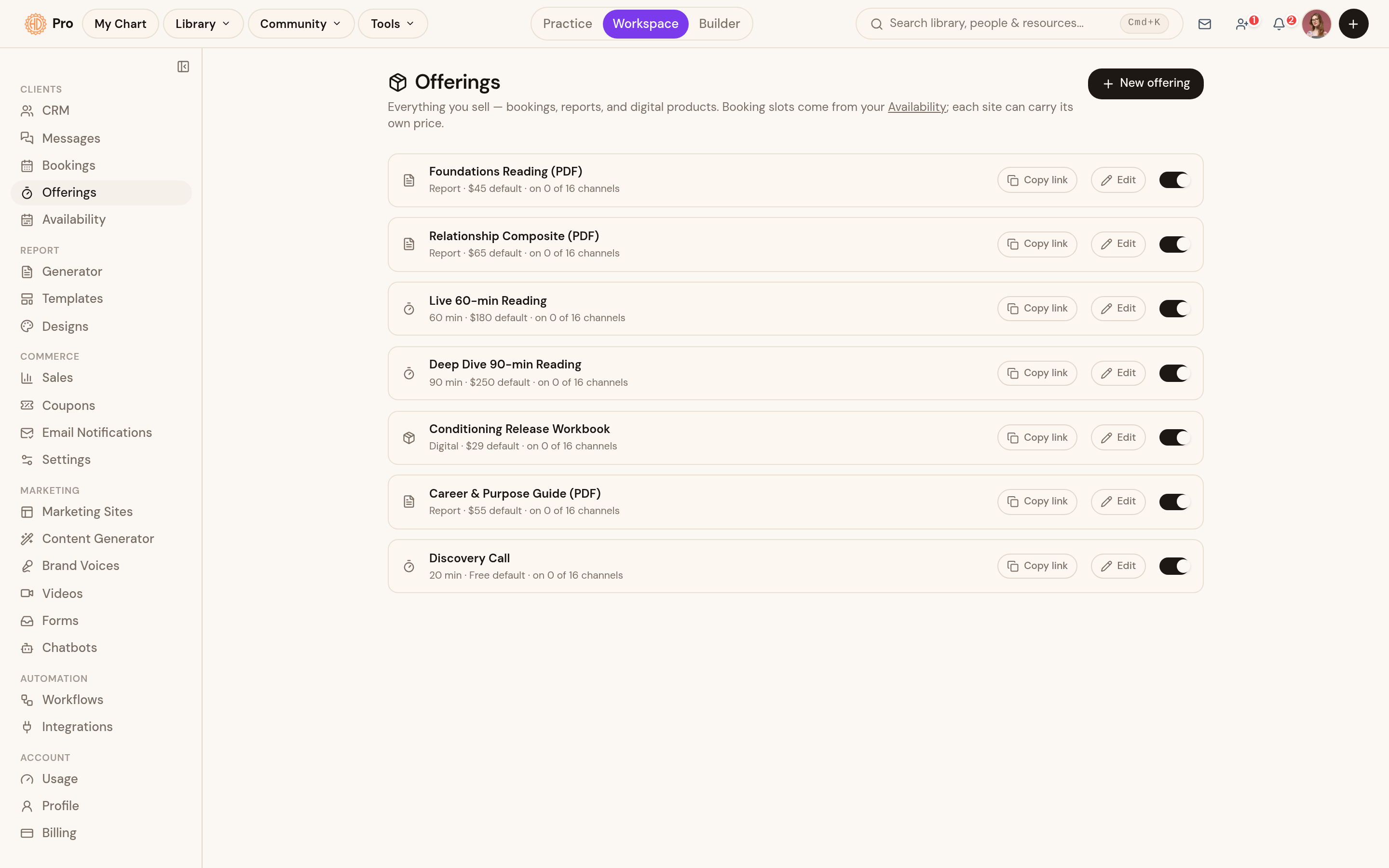 Offerings: everything you sell — reports, sessions and products