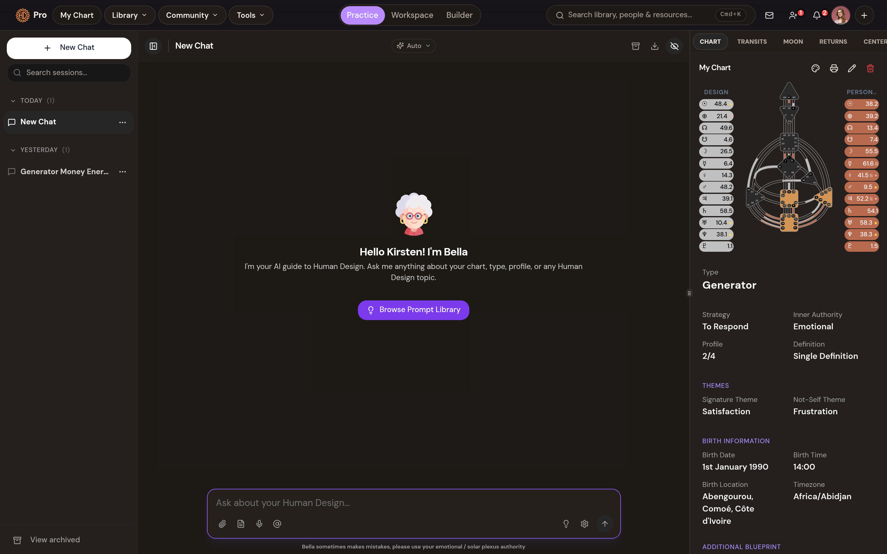 AI chart chat: Bella answers with your bodygraph beside the chat