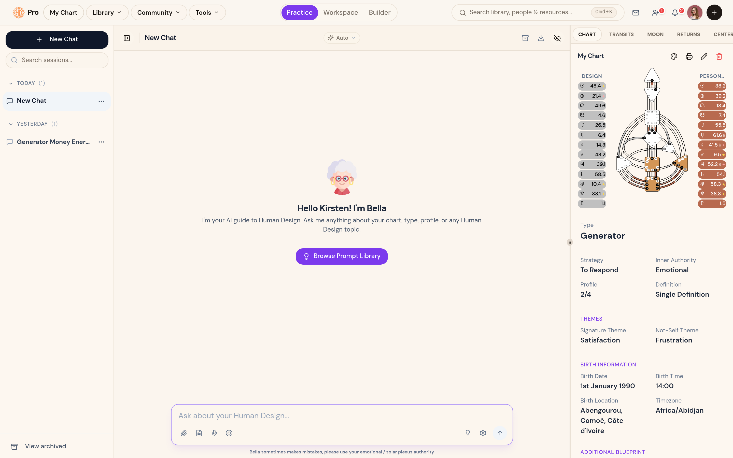 AI chart chat: Bella answers with your bodygraph beside the chat