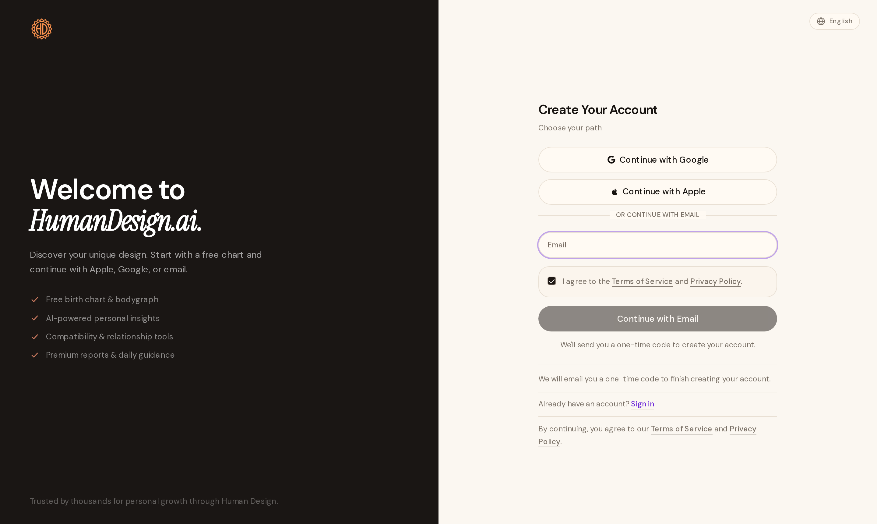 Start onboarding: create your account and enter your birth data